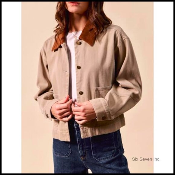 Cropped Barn Jacket Corduroy Collar Button Down Vintage Work Outerwear Pockets - Picture 3 of 7